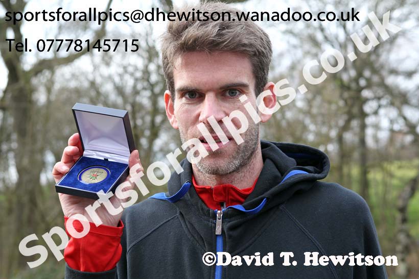 Nick McCormick (Morpeth) with his medal for running the fastest short leg of the senior mens 12 stage relay, 2014 Northern 12 and 6 Stage Relays, Heaton Park Manchester. Photo: David T. Hewitson/Sports for All Pics